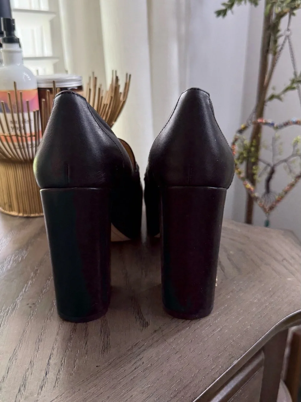 Sam Edelman Black Leather Platform Loafer Heels | Size 6.5 | Gold Hardware